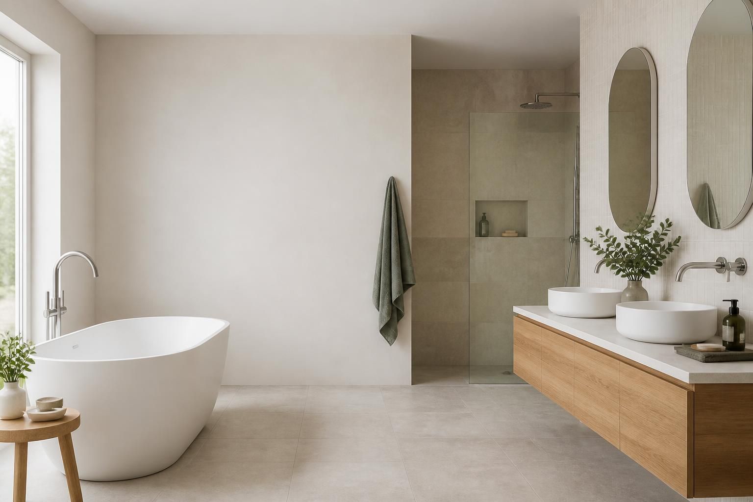 Bright finished bathroom with polished tapware and open space.