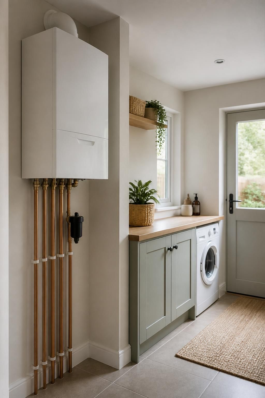 Clean utility room with installed boiler and neat pipework.
