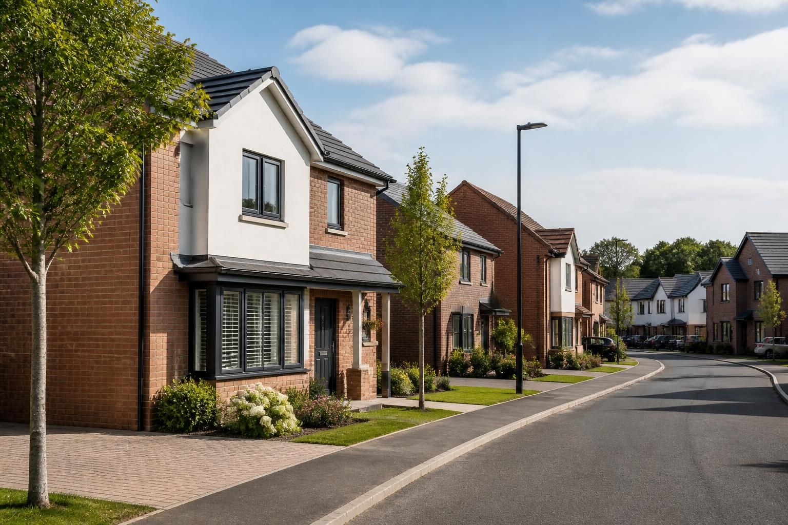 Modern suburban neighborhood street in Bracknell, UK.