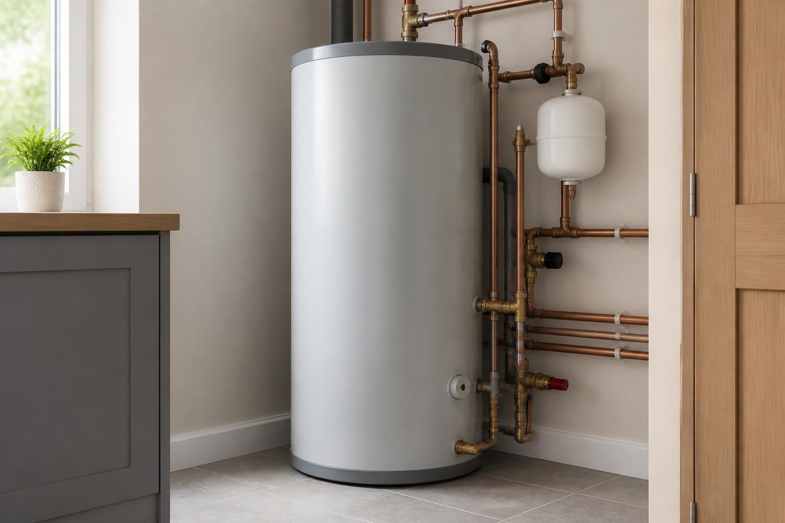 Modern hot water cylinder with tidy pipework in a utility room.