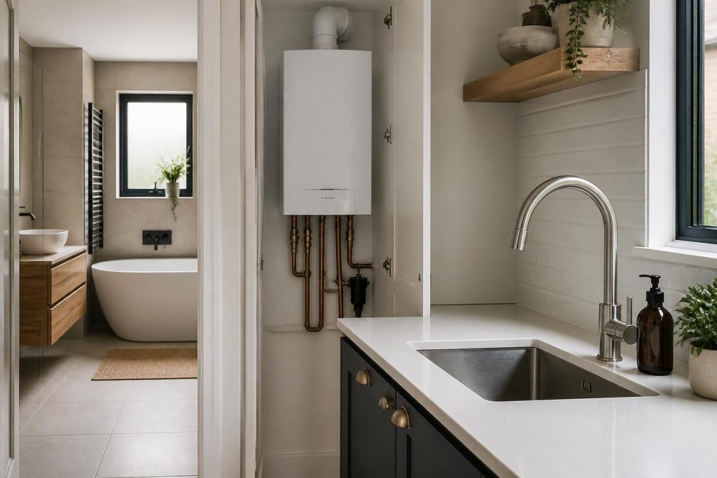 Modern bathroom with polished plumbing fixtures and installed boiler.