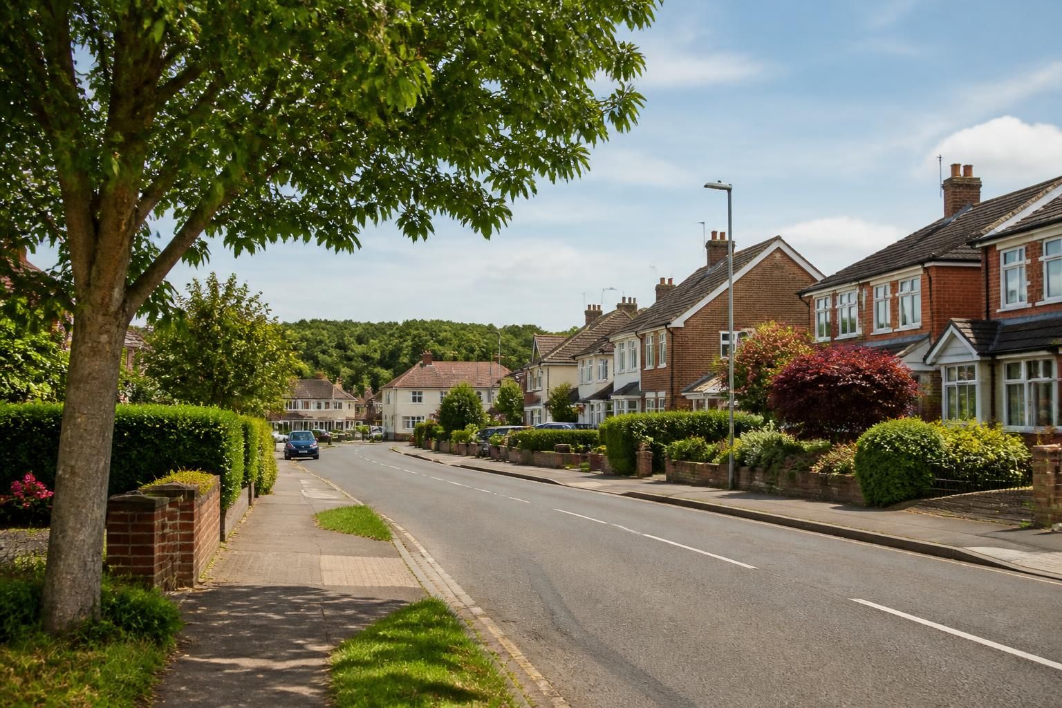 Quiet suburban neighborhood street in Thatcham.