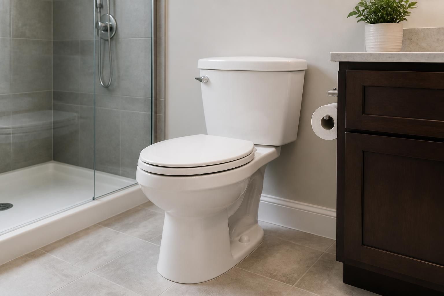 Repaired toilet in a clean modern bathroom.