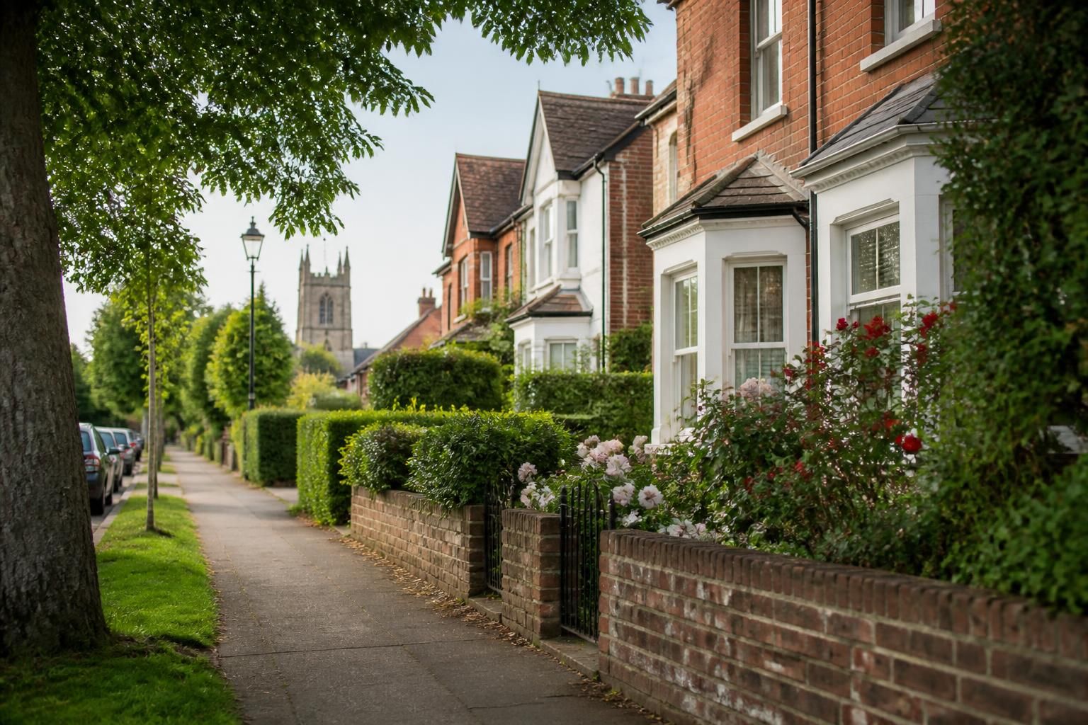 Leafy residential neighborhood street in Wokingham, UK.